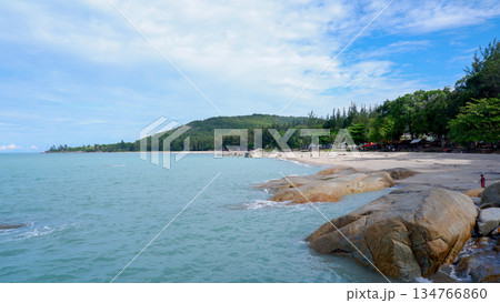 Beautiful Tropical Beach Panorama with Granite Rocks in Bangka Island Beautiful Tropical Beach Panorama with Granite Rocks in Bangka Island 134766860