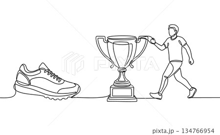Running Shoe and Trophy Cup Competition Concept Continuous One Line Drawing 134766954