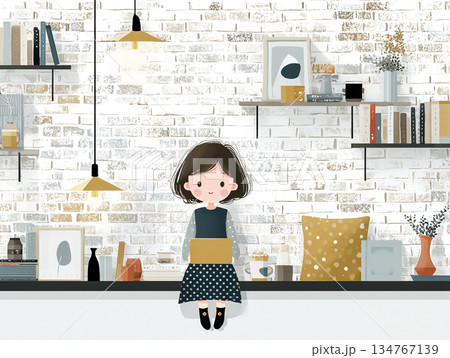 カフェでAIノートを使って考える美優シリーズの若い女性イラスト 134767139