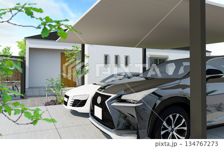 スタイリッシュなカーポートがあるエクステリア 134767273