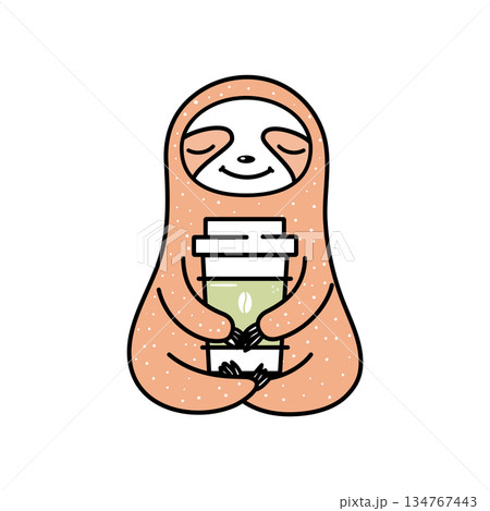 Funny cartoon sloth with coffee. Cute sloth vector illustration Funny cartoon sloth with coffee. Cute sloth vector illustration 134767443