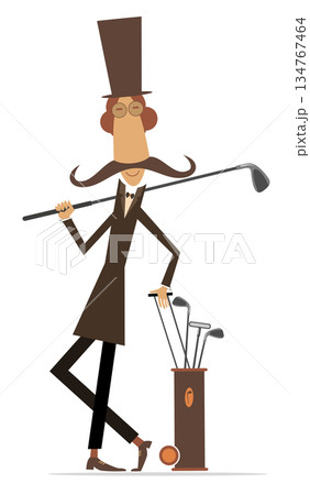 Funny long mustache man plays golf. Golf course. Cartoon long mustache gentleman in the top hat with golf club and golf bag. Isolated on white background 134767464