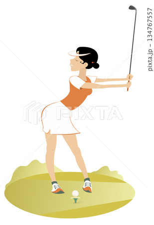 Golfer woman on the golf course. Golf course. Young golfer woman aiming to do a good shot. Isolated on white background	 134767557