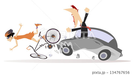 Traffic accident. Bike accident - collisions with car. Road collision. Automobile knocking down woman riding on the bicycle. Angry driver shouting to a cyclist woman Traffic accident. Bike accident - collisions with car. Road collision. Automobile knocking down woman riding on the bicycle. Angry driver shouting to a cyclist woman 134767656