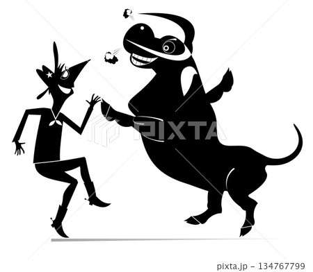 Rodeo. Farmer or cowboy dancing with a bull. Cartoon farmer or cowboy dancing with a bull. Black and white illustration	 134767799