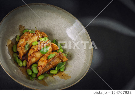 Gourmet Asian Dumplings with Edamame and Sesame Sauce on Dark Background Gourmet Asian Dumplings with Edamame and Sesame Sauce on Dark Background 134767922