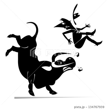 Rodeo. Cartoon rider falls from the bull. Angry bull kicks a confused long mustache man or cowboy. Black and white illustration Rodeo. Cartoon rider falls from the bull. Angry bull kicks a confused long mustache man or cowboy. Black and white illustration 134767939