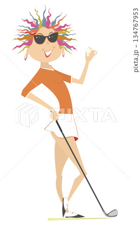 Golfer woman on the golf course. Golf course. Pretty young golfer woman with a golf club holds a golf ball. Isolated on white background	 134767953