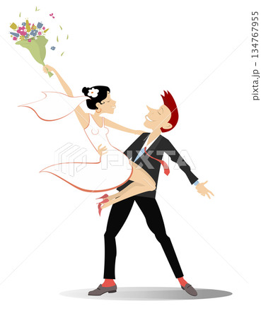Dancing married wedding couple illustration. Dancing happy man and woman in the white dress and wedding veil. Isolated on white background 134767955