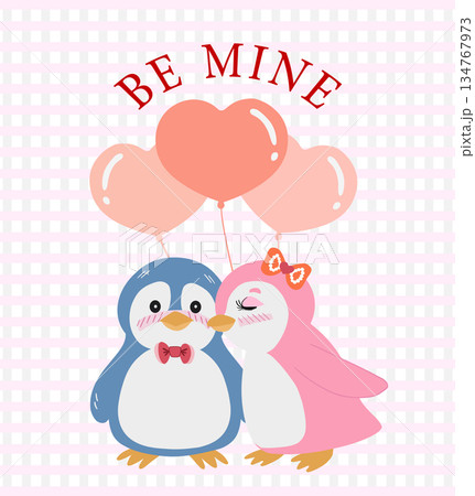 valentines day penguin couple love kiss cute cartoon flat vector illustration 134767973