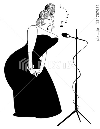 Elegant curvy singer woman. Cartoon elegant curvy woman sings to microphone with great inspiration	 134767982