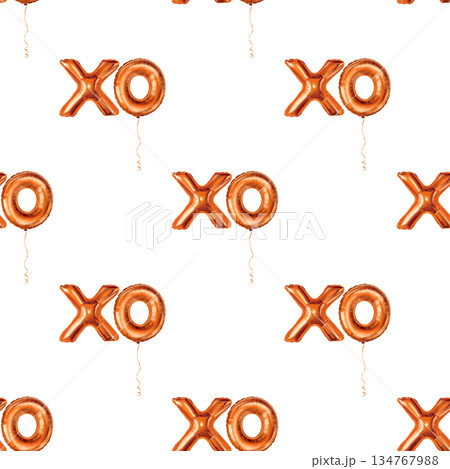 Xoxo gold foil balloons seamless pattern for Valentine Day. Hand drawn luxury holiday print with staggered metallic sign on white background. Ideal for wrapping paper or romantic festive party design. 134767988