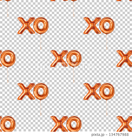 Xoxo gold foil balloons seamless pattern for Valentine Day. Hand drawn luxury holiday print with staggered metallic sign on white background. Ideal for wrapping paper or romantic festive party design. 134767988