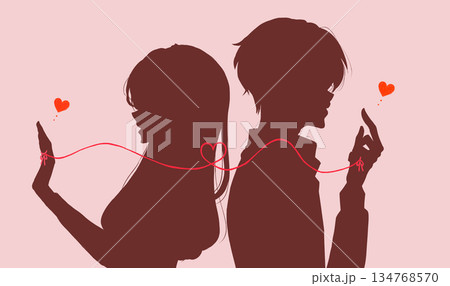 運命の赤い糸を結ばれた背中合わせの男女 冬 シルエット 運命の赤い糸を結ばれた背中合わせの男女 冬 シルエット 134768570
