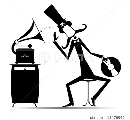 Man and retro record player. Cartoon man in the top hat holds a long playing record and listens to a vintage record player. Black and white illustration 134769494
