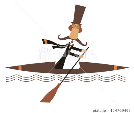Boating man in the top hat. Cartoon long mustache man in the top hat floating on the waves on a boat	 134769495