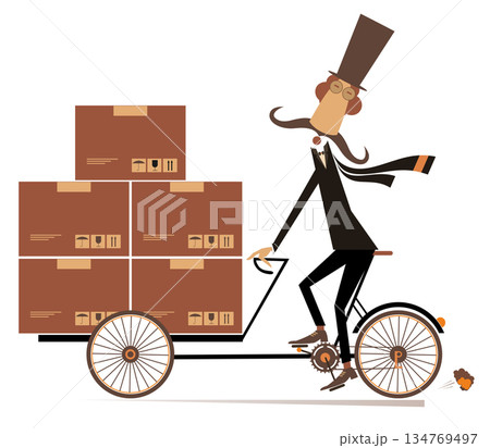 Postman on the bike delivering parcels. Funny mustache postman in the top hat rides a bike and delivers parcels	 134769497
