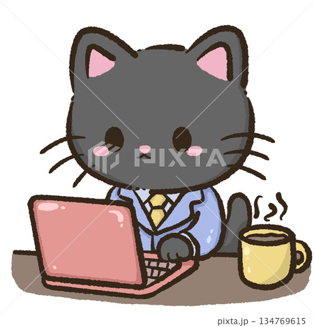Business office cat working late on laptop with warm coffee cup focused productivity cozy corporate desk scene cute kawaii illustration style 134769615