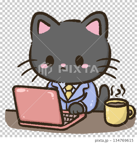 Business office cat working late on laptop with warm coffee cup focused productivity cozy corporate desk scene cute kawaii illustration style 134769615