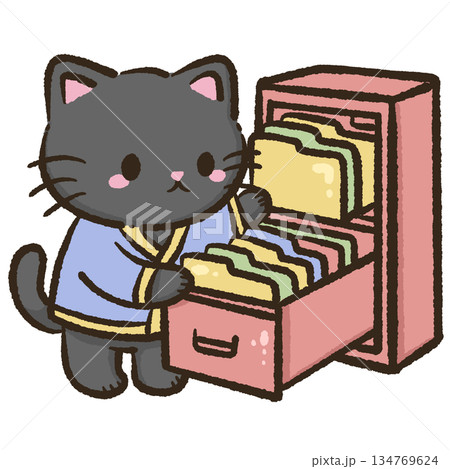 A cute gray black cat wearing a soft blue outfit stands beside an open pink filing cabinet and carefully sorts colorful folders with a calm cozy office feeling and gentle pastel style A cute gray black cat wearing a soft blue outfit stands beside an open pink filing cabinet and carefully sorts colorful folders with a calm cozy office feeling and gentle pastel style 134769624