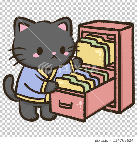 A cute gray black cat wearing a soft blue outfit stands beside an open pink filing cabinet and carefully sorts colorful folders with a calm cozy office feeling and gentle pastel style A cute gray black cat wearing a soft blue outfit stands beside an open pink filing cabinet and carefully sorts colorful folders with a calm cozy office feeling and gentle pastel style 134769624
