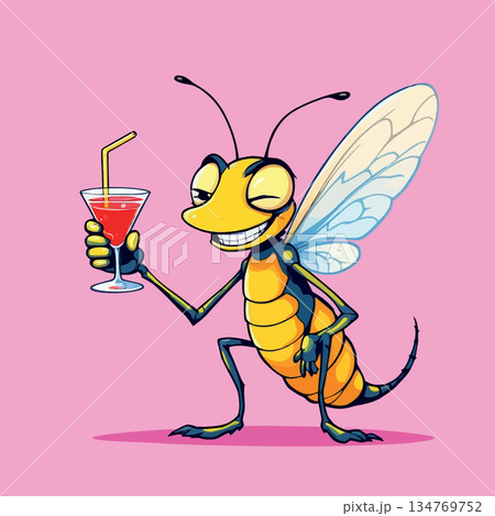 Vsai cartoon bee character winking holding cocktail drink 134769752