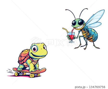 Vsai turtle skateboarding next to bee drinking juice 134769756