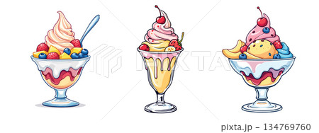 Vsai ice cream sundaes with fresh fruit toppings vector illustration Vsai ice cream sundaes with fresh fruit toppings vector illustration 134769760