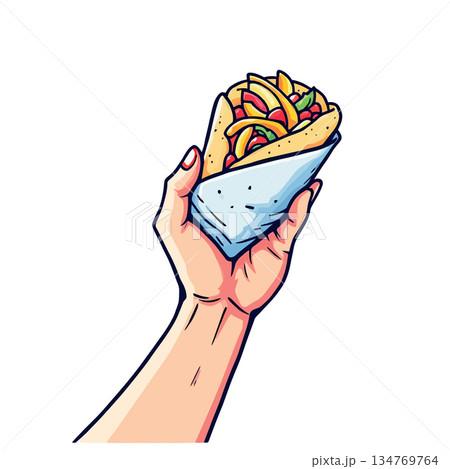 Vsai hand holding fast food kebab or burrito wrap 134769764