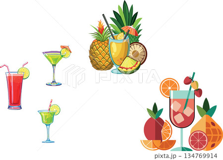 Vsai refreshing tropical cocktails with fruit garnishes and pineapples 134769914