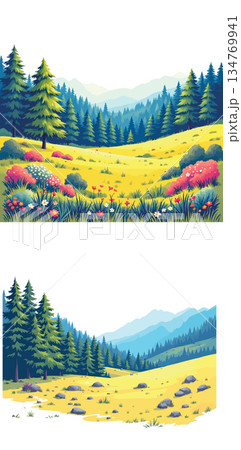Vsai green mountain forest valley with wildflowers, vector art 134769941