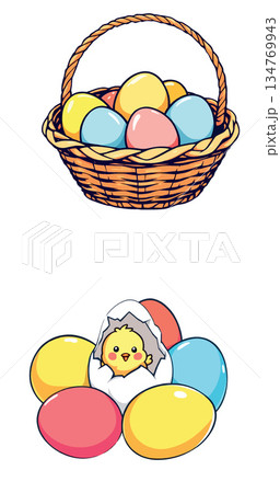 Vsai easter basket with eggs and chick hatching Vsai easter basket with eggs and chick hatching 134769943