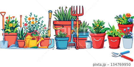 Vsai gardening tools and various potted plants border Vsai gardening tools and various potted plants border 134769950
