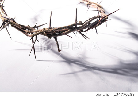 Crown of thorns casting a distinct shadow a white background, creating a symbolic easter image of suffering, sacrifice, and remembrance Copy good text for space friday 134770288
