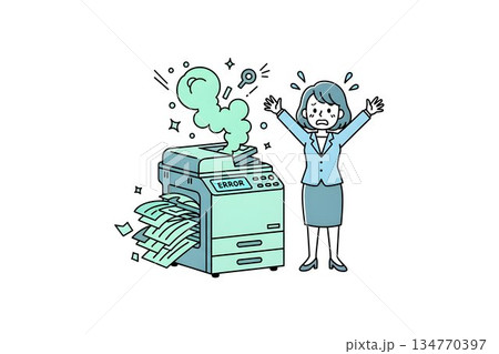 コピー機が紙詰まりして故障し慌てふためく女性社員 134770397