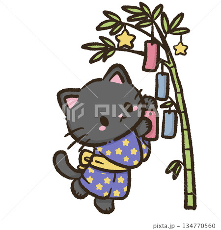 Kawaii black cat reaching for colorful tanabata wish papers under bamboo branches wearing a soft star patterned summer yukata in a calm magical japanese festival night illustration 134770560