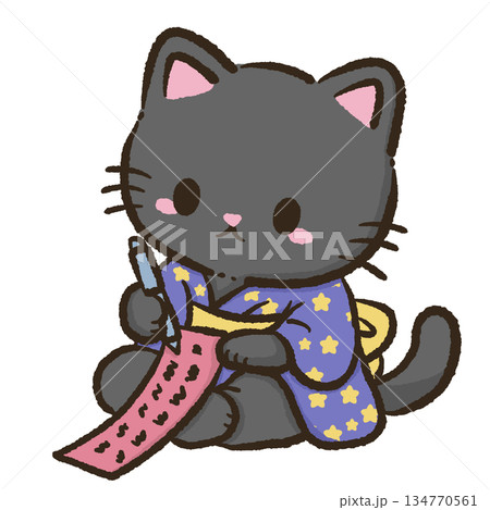 Adorable black cat sitting and carefully writing a tanabata wish paper with bamboo leaves nearby while wearing a starry yukata sweet japanese summer festival kawaii illustration clipart 134770561