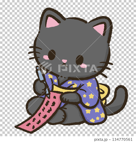 Adorable black cat sitting and carefully writing a tanabata wish paper with bamboo leaves nearby while wearing a starry yukata sweet japanese summer festival kawaii illustration clipart 134770561