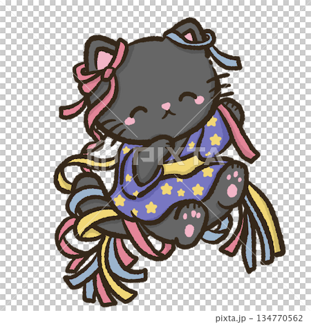 Kawaii black cat floating gently with long pastel tanabata ribbons and soft star patterns wearing a cute summer yukata dreamy japanese festival illustration perfect for cozy magical seasonal clipart u Kawaii black cat floating gently with long pastel tanabata ribbons and soft star patterns wearing a cute summer yukata dreamy japanese festival illustration perfect for cozy magical seasonal clipart u 134770562