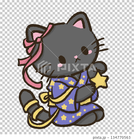 Joyful black cat in star patterned yukata holding glowing festival star charm with ribbon bow gentle movement magical tanabata celebration cute japanese style art Joyful black cat in star patterned yukata holding glowing festival star charm with ribbon bow gentle movement magical tanabata celebration cute japanese style art 134770563