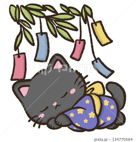 Midnight festival sleepy black cat wearing starry yukata resting peacefully under bamboo wishes and tanabata charms dreamy summer night kawaii illustration Midnight festival sleepy black cat wearing starry yukata resting peacefully under bamboo wishes and tanabata charms dreamy summer night kawaii illustration 134770564