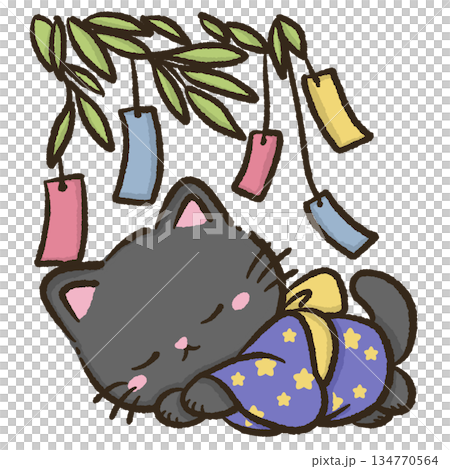 Midnight festival sleepy black cat wearing starry yukata resting peacefully under bamboo wishes and tanabata charms dreamy summer night kawaii illustration Midnight festival sleepy black cat wearing starry yukata resting peacefully under bamboo wishes and tanabata charms dreamy summer night kawaii illustration 134770564