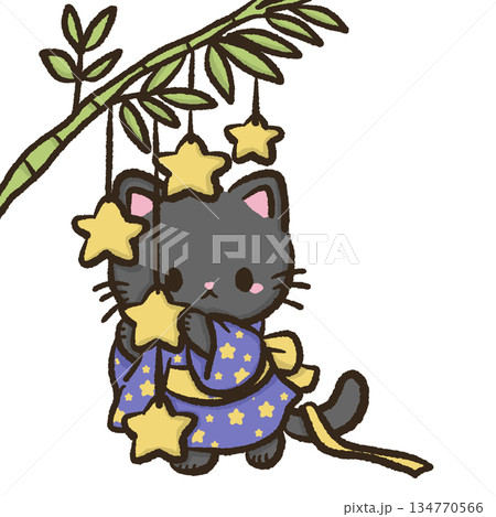Adorable black cat wearing a star patterned yukata hanging from bamboo with golden stars dreamy tanabata festival mood cute japanese summer illustration 134770566