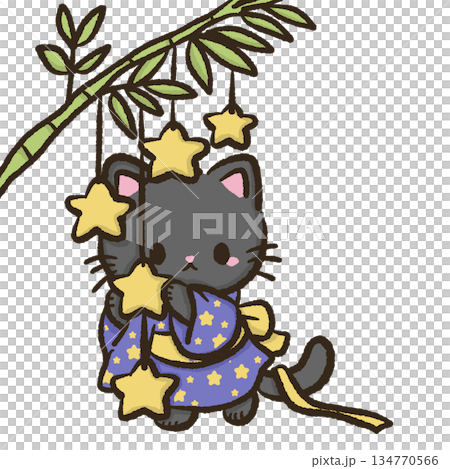Adorable black cat wearing a star patterned yukata hanging from bamboo with golden stars dreamy tanabata festival mood cute japanese summer illustration 134770566