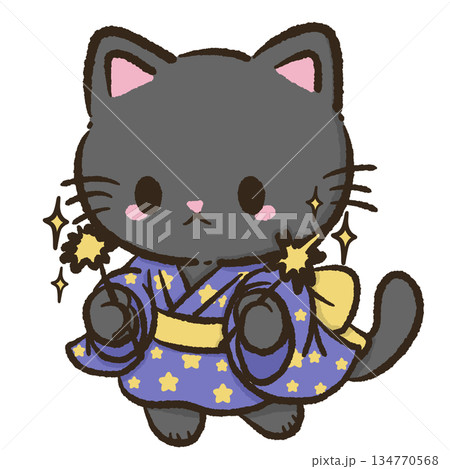 kawaii black cat tanabata festival sparkling yukata pose with glowing stars summer night cute japanese illustration clipart dreamy artwork soft go 134770568