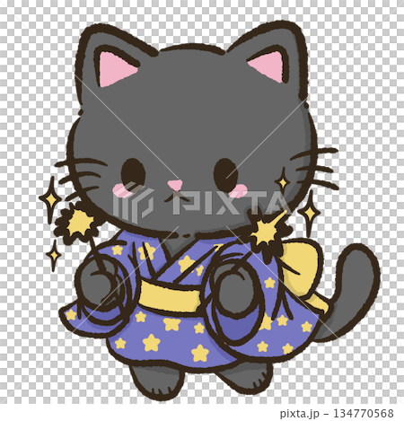 kawaii black cat tanabata festival sparkling yukata pose with glowing stars summer night cute japanese illustration clipart dreamy artwork soft go 134770568