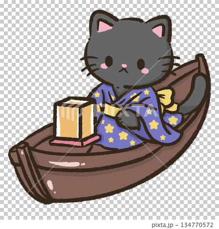 Cozy kawaii black cat wearing starry yukata relaxing on a wooden boat holding a soft glowing lantern peaceful night festival mood gentle pastel illustration for cute themed designs Cozy kawaii black cat wearing starry yukata relaxing on a wooden boat holding a soft glowing lantern peaceful night festival mood gentle pastel illustration for cute themed designs 134770572