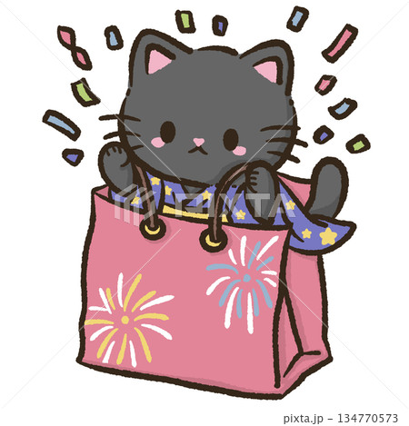 Cute kawaii black cat celebrating festival joy while sitting inside a pink shopping bag with fireworks patterns wearing starry yukata cheerful mood colorful confetti playful illustration Cute kawaii black cat celebrating festival joy while sitting inside a pink shopping bag with fireworks patterns wearing starry yukata cheerful mood colorful confetti playful illustration 134770573