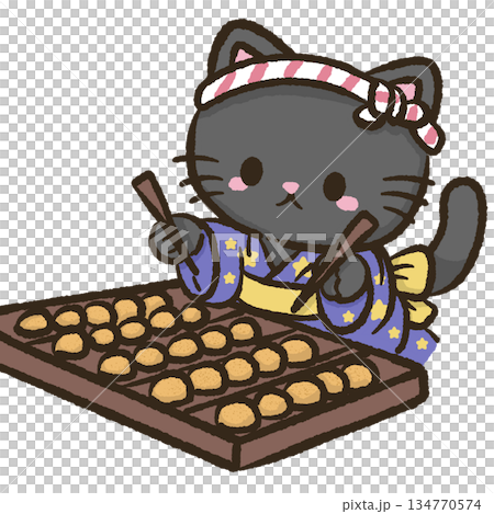 Adorable kawaii black cat wearing starry yukata cooking takoyaki with tiny sticks focused expression warm festival stall atmosphere cute japanese street food illustration style 134770574