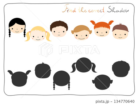 Find the correct shadow - matching game for children learning to distinguish different shapes and silhouettes with boys and girls faces Find the correct shadow - matching game for children learning to distinguish different shapes and silhouettes with boys and girls faces 134770640